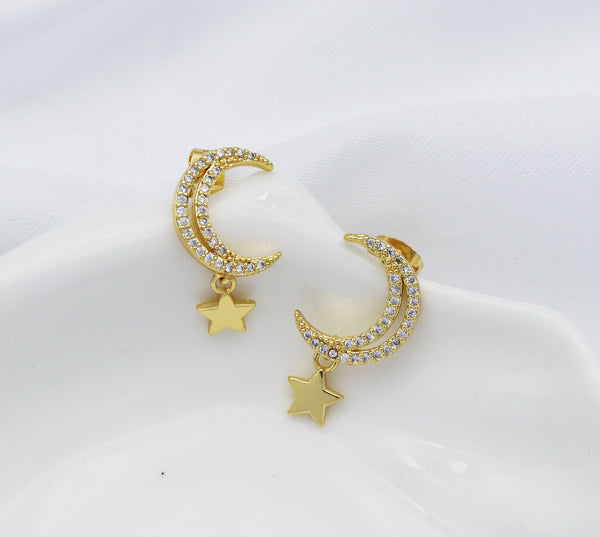 CZ Cresent Moon with Dangle Star Stud Earrings, Sku#LD301