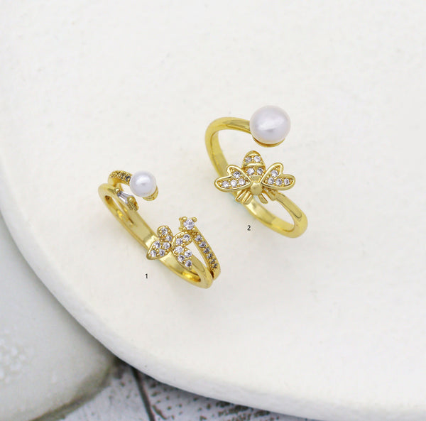 CZ Pave Butterfly Bee Pearl Ring, Sku#LD307