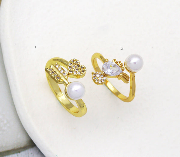 CZ Gold Arrow Heart Pearl Adjustable Ring, Sku#LD308