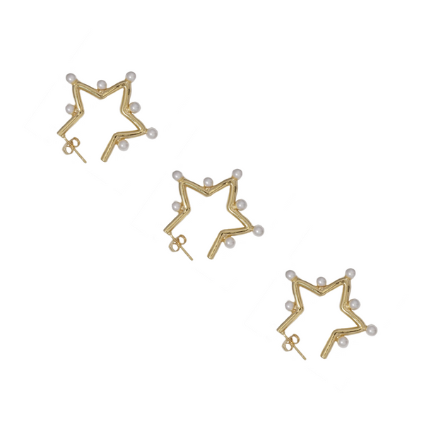 CZ Five Point Star Pearl Stud Earrings, Sku#LD387