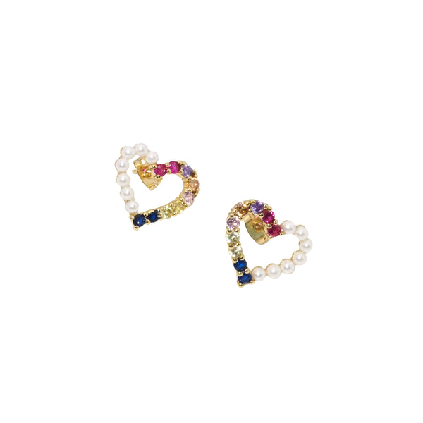 Colorful CZ Pearl Heart Stud Earrings, Sku#LD388