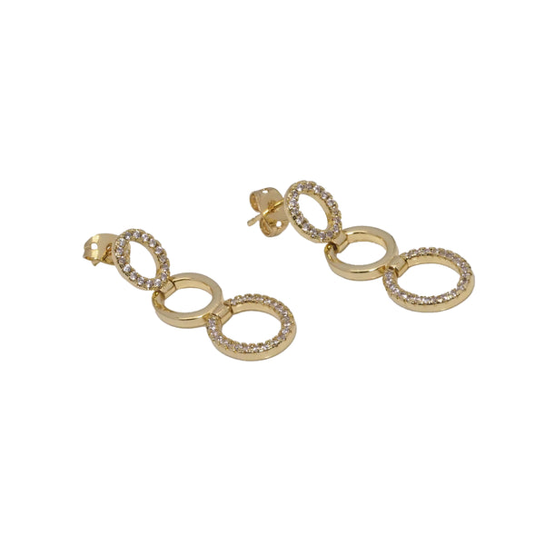 CZ Gold Three Round Ring Link Stud Earrings, Sku#LD392