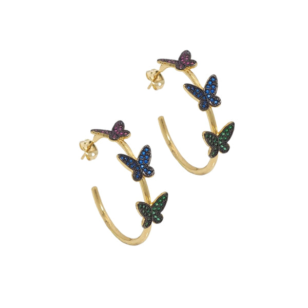 Gold Colorful CZ Butterfly Hoop Earrings, Sku#LD396