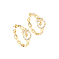 Gold CZ Oval Link Crown hoop Earrings, Sku#LD407