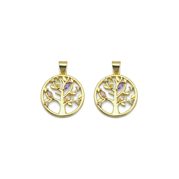 Gold Colorful CZ Tree On Round Ring Charm, Sku#LD421