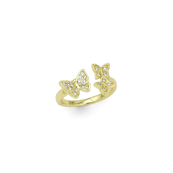 Gold CLear CZ three Butterfly Adjustable Ring, Sku#LD433