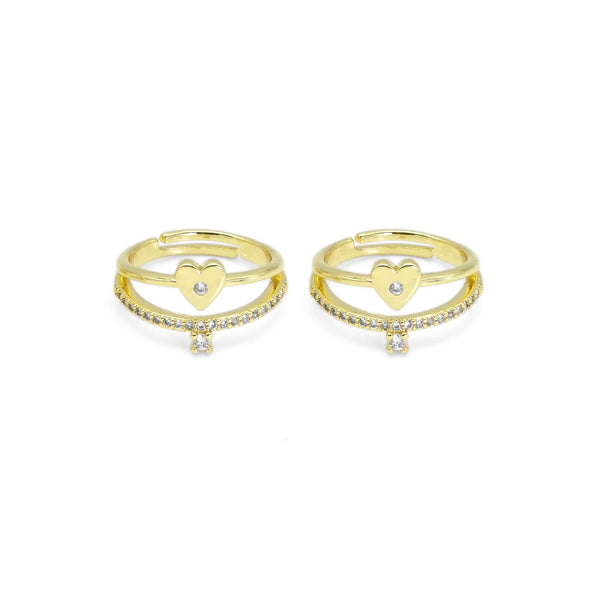 Gold CLear CZ Heart Double Line Adjustable Ring, Sku#LD448