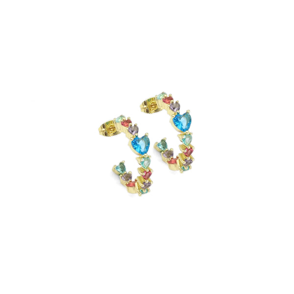 Gold Colorful Heart CZ Hoop Earrings, Sku#LD455