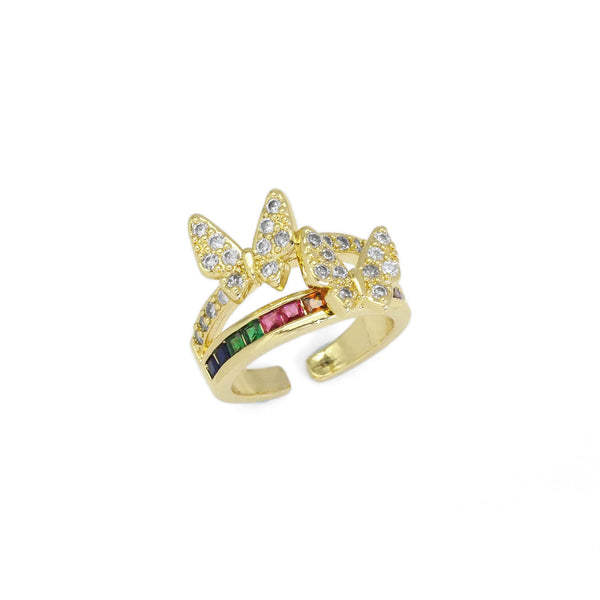 Gold Colorful Baguette CZ Butterfly Adjustable Ring, Sku#LD459