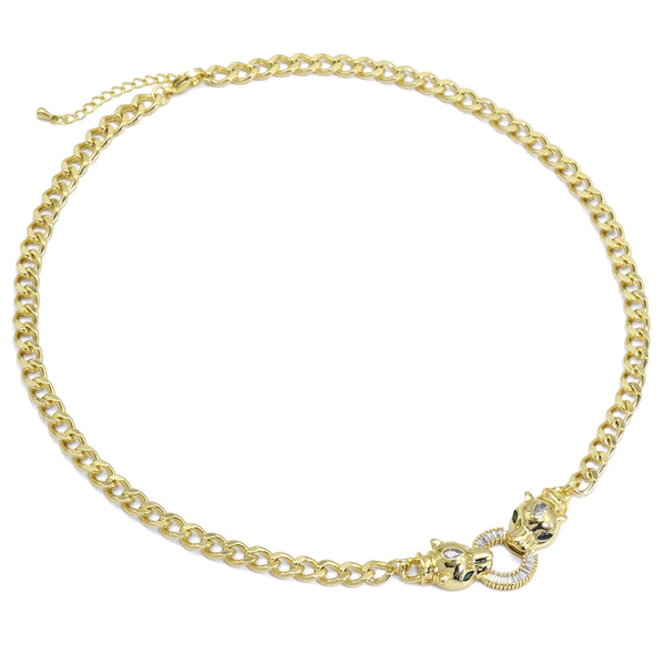 Gold Cuban Chain Leopard Head Connector Necklace, Sku#LD461