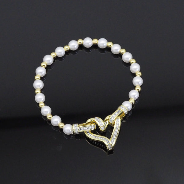 Pearl Gold Spacer with Heart Clasp Bracelet , Sku#LD474