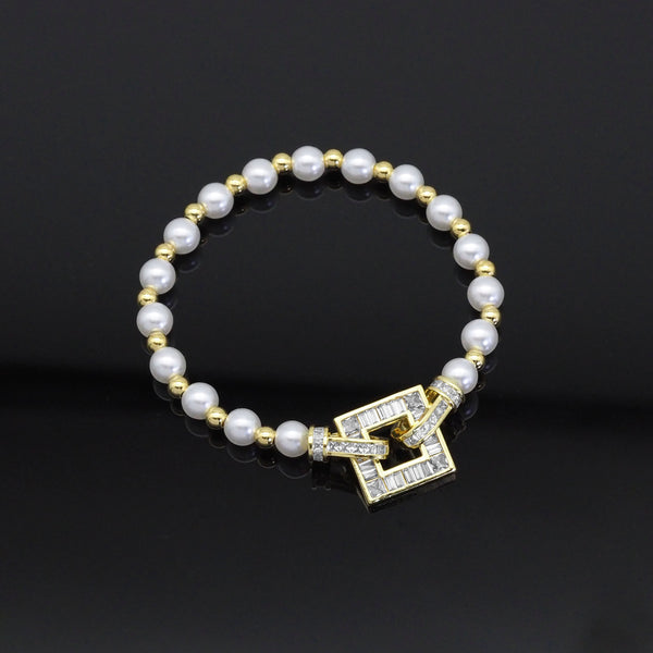 Pearl Gold Spacer Square Clasp Bracelet , Sku#LD475