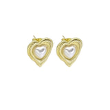 Gold White Pearl Heart Stud Earrings, Sku#LD480
