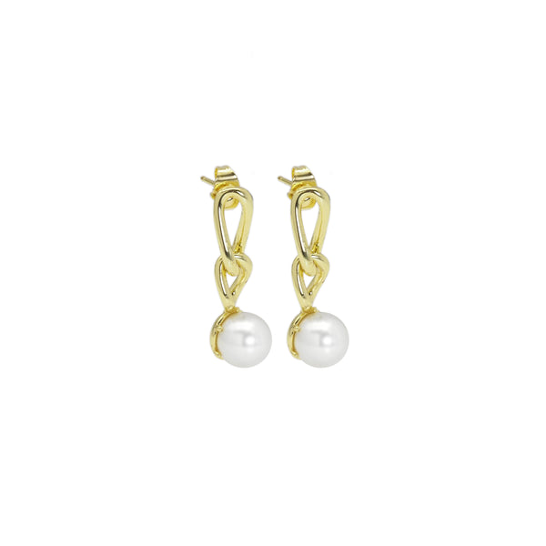 CZ Gold Link Chain White Pearl Stud Earrings, Sku#LD499