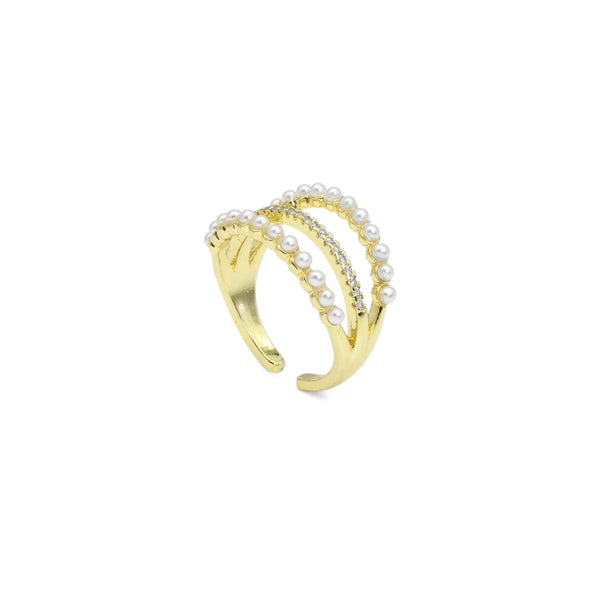 CZ Gold White Pearl triple line Ring, Sku#LD509
