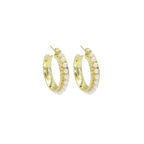 CZ White Pearl Hoop Earrings, Sku#LD514