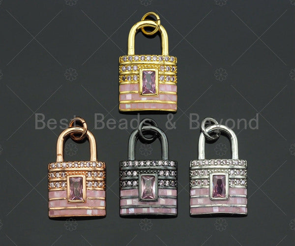 Lock Shape pink Pendant/Charm, Pink Mother-of-pearl Lock Pendant, Gold/Silver/Black/Rose gold Cubic Zirconia Pendant, 12x19 mm, Sku#LK73