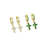 Gold Green CZ Cross Hoop Earrings, Sku#LK775