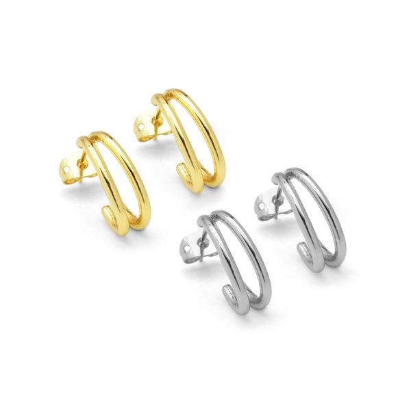Gold Cute Double line Oval Hoop Stud Earrings, Sku#LK814