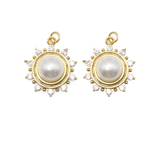 Clear CZ Gold Pearl Flower Charm, Sku#LK817