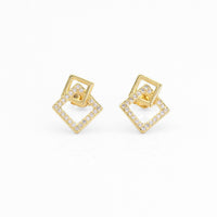 CZ Gold Two Square Geometry Stud Earrings, Sku#LK835