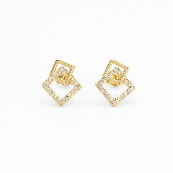 CZ Gold Two Square Geometry Stud Earrings, Sku#LK835