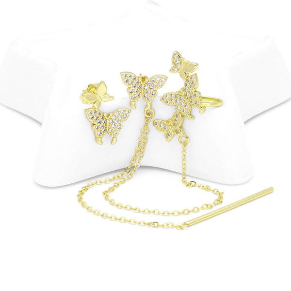 Gold Butterfly Dangling Chain Link Stud Earrings, Sku#LK851
