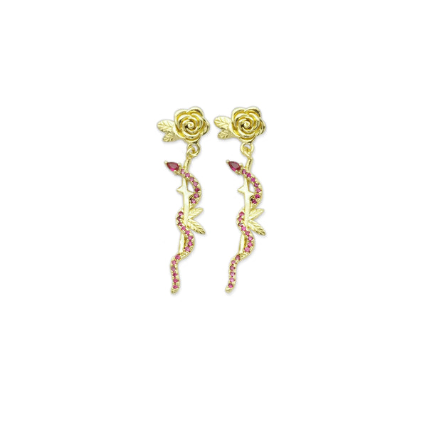 Fuchsia CZ Rose Snake Stud Earrings, Sku#LK852