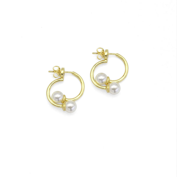 Gold Twin Half Circle Pearl Stud Earrings, Sku#LK858