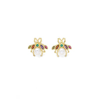 Multicolor CZ Pearl Bee Stud Earrings, Sku#LK863