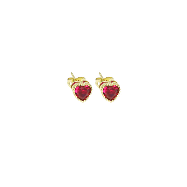 Red Heart CZ Gold Stud Earrings, Sku#LK893