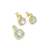 Clear CZ Round Square Gold Stud Earrings Pendant Necklace, Sku#LK904