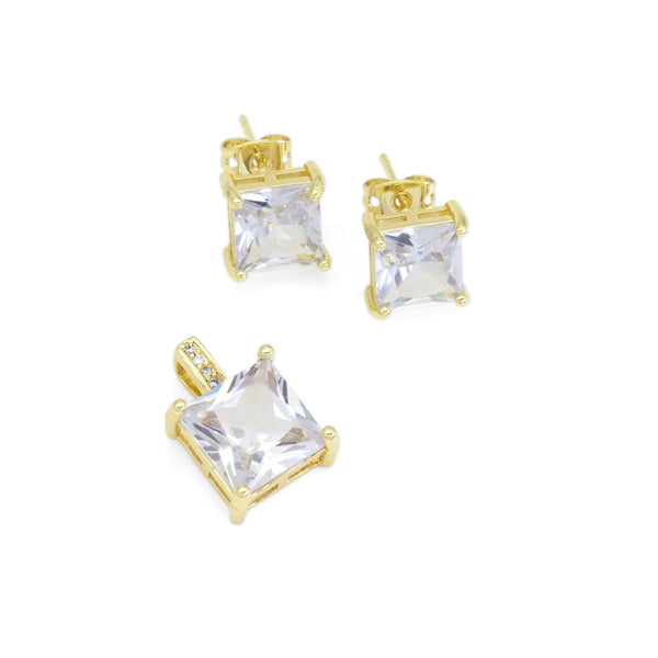 CZ Clear Square Gold Stud Earrings And Pendant, Sku#LK906