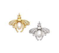 Large Pave CZ Gold Pearl Bee Insect Charm, Sku#LX147