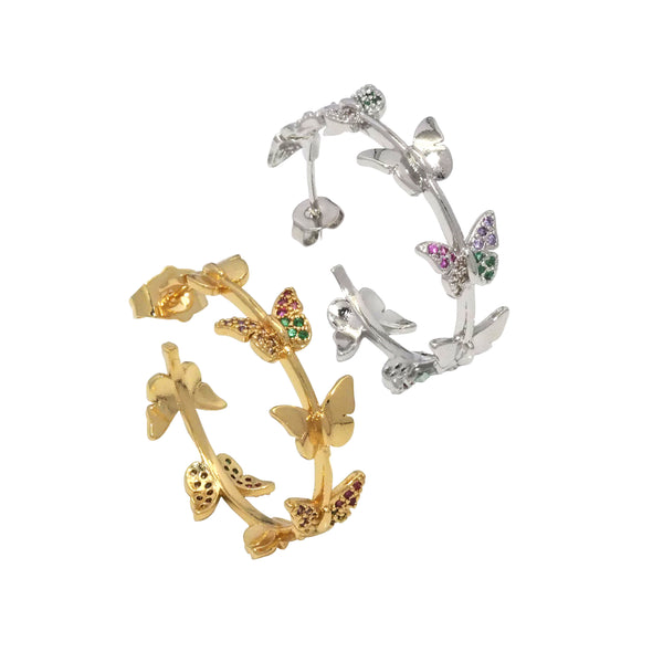Gold Silver Colorful CZ Butterfly Hoop Earrings, Sku#LX208