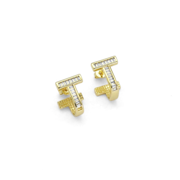 Gold CZ T Shape Stud Earrings, Sku#LX265