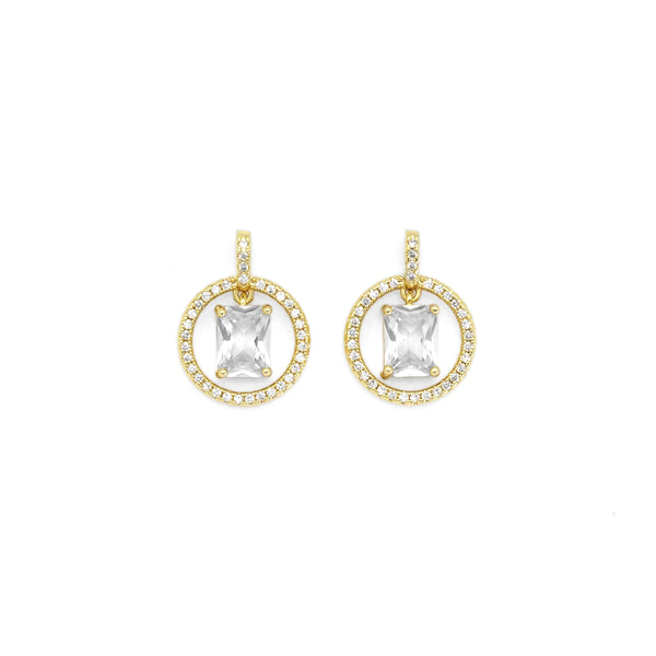 Dangle Gold Clear Rectangle CZ On Round Ring Charm, Sku#LX273