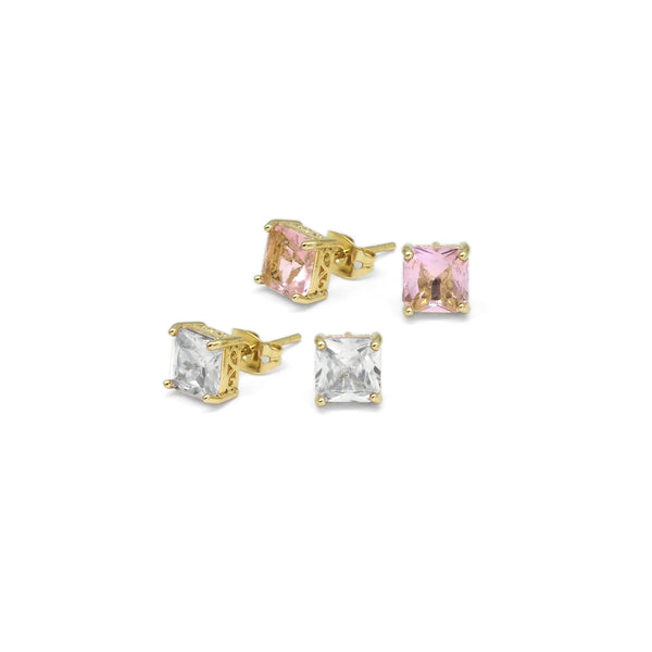 Gold Clear Pink Square CZ Stud Earrings, Sku#LX295