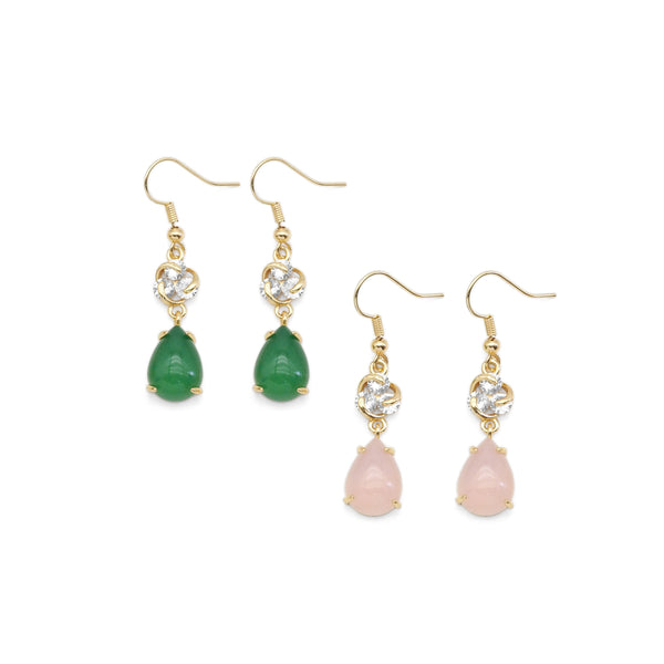 Clear CZ Gold Green Pink Teardrop Jade Earrings, Sku#LX350