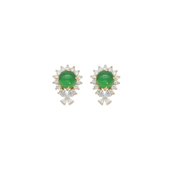 Clear CZ Gold Green Round Jade Stud Earrings, Sku#LX351