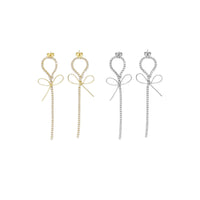 Gold Silver CZ Link Bowknot Long Dangle Stud Earrings, Sku#LX375