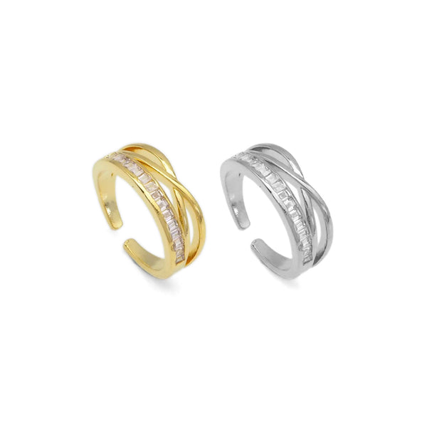 Gold Clear Baguette CZ Cross Link Adjustable Ring, Sku#LX376