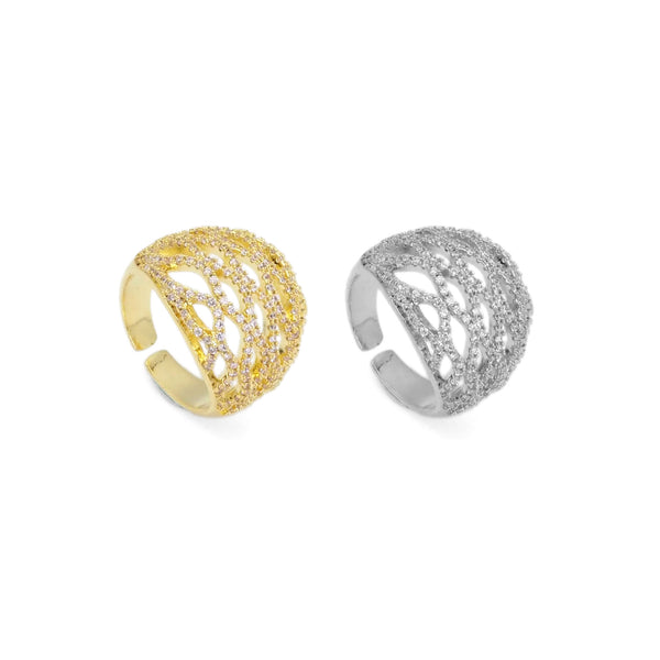 Gold Clear CZ Filigree Dome Statement Adjustable Ring, Sku#LX378
