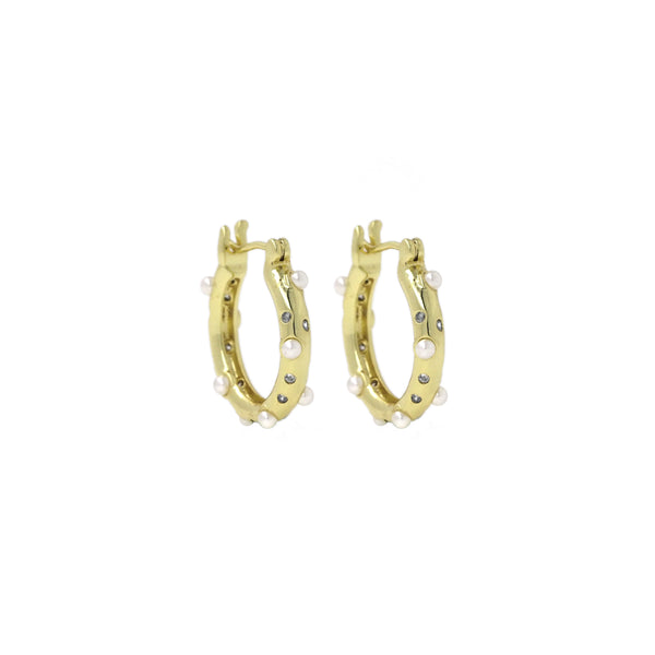 Gold White Pearl Round Ring Hoop Earrings, Sku#LX393