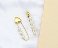 Gold Heart Safety Pin with Pearl Huggie Earrings, Sku#LX41