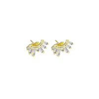 Gold Baguette CZ Half Circle Radial Stud Earrings, Sku#LX424