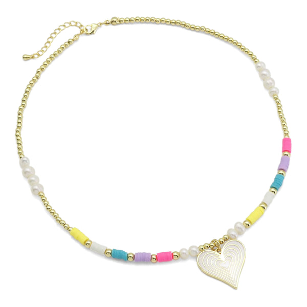 Gold Colorful Pearl Beads Heart Pendant Necklace, Sku#O119