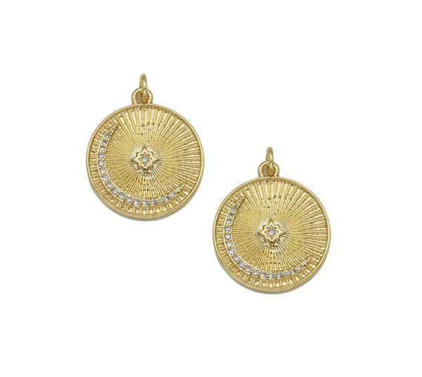 CZ Gold Cresent Moon On Round Coin Charm, Sku#LX154
