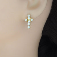 Gold Silver CZ White Pearl Cross Stud Earrings, Sku#A132