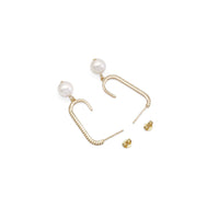 CZ Gold Long paperclip White Pearl Earrings, Sku#ZX145